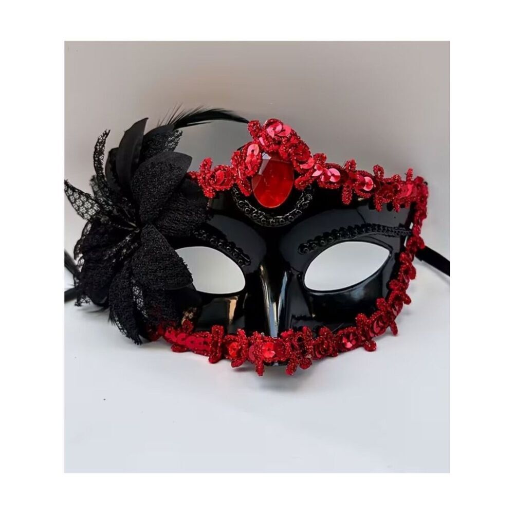 NWT Venetian Masquerade Mask Black Red Lace Feather Prom Cosplay Costume Jewel